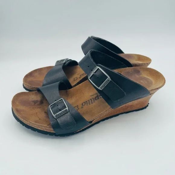 Women’s Birkenstock Papillio Black Leather Sandals Wedges EU 39 US 8-8.5 Comfort - Picture 2 of 8